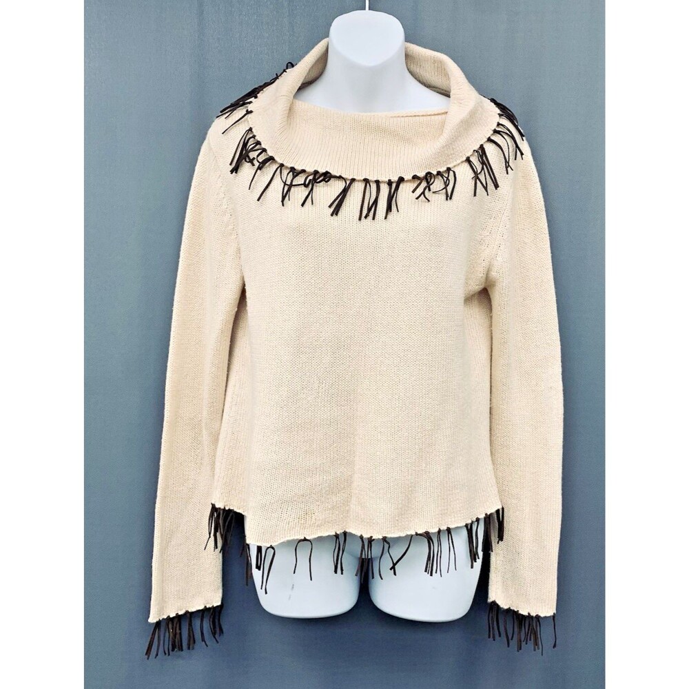 Vtg Y2K Telluride Silk Cashmere Fringed Cowl Neck Sweater Sz S Tan Boho Western
